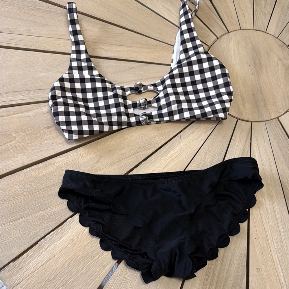Express Black and White scalloped bottom gingham top Bikini Set M/S